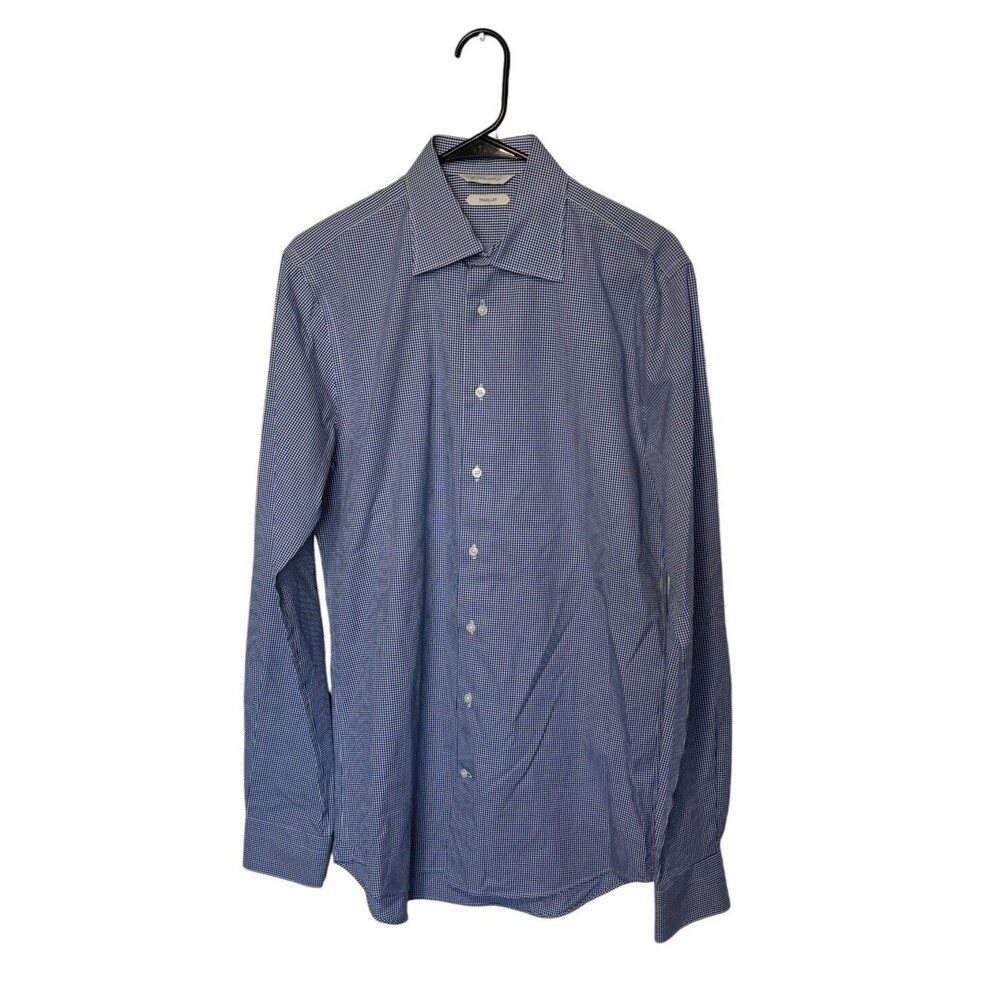Suitsupply Shirt Mens Medium Tall 15.5 Blue Plaid Traveler Cotton Long Sleeve